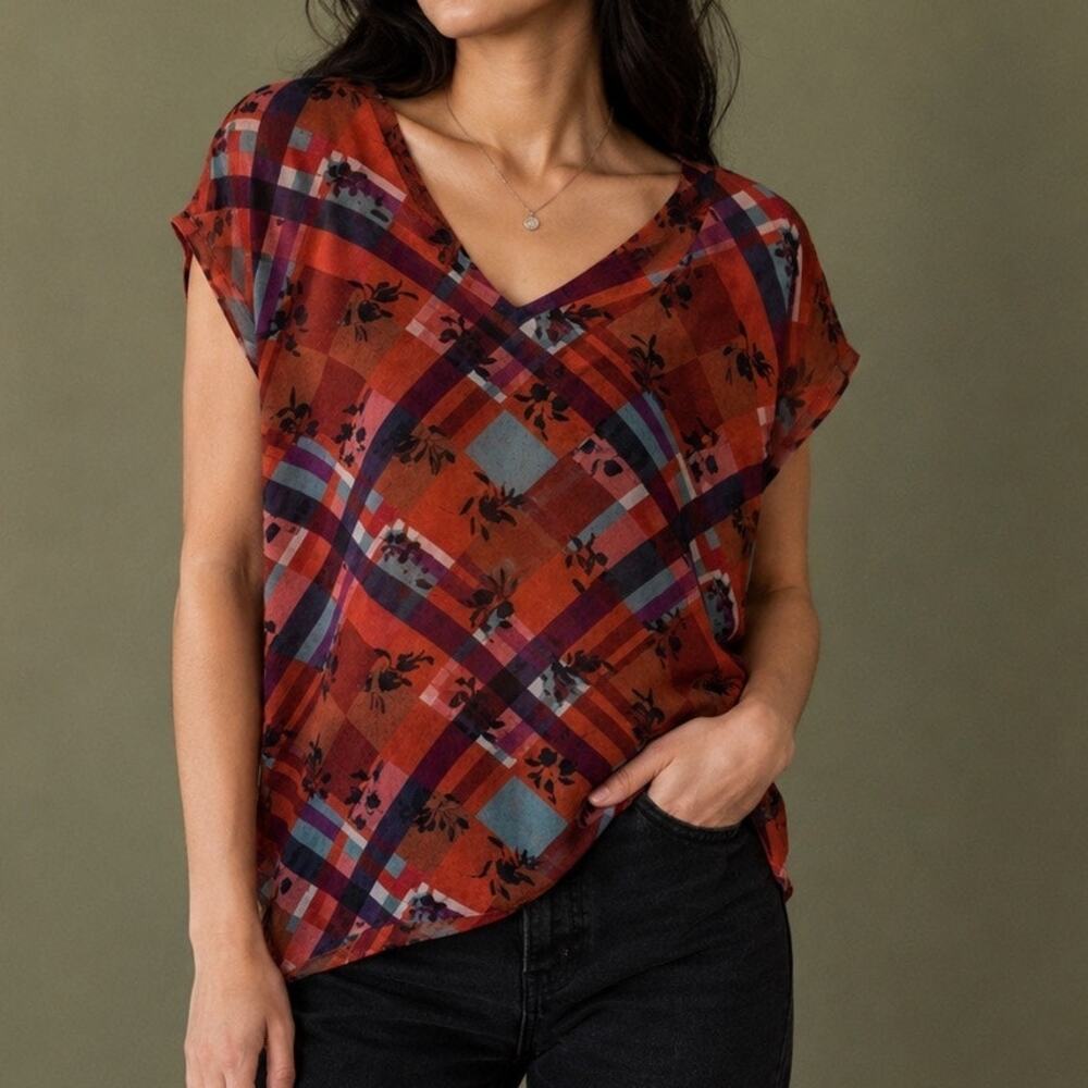CAbi Lattice 3773 Sheer Floral Plaid Poncho Blouse S Fall Artsy Boho
